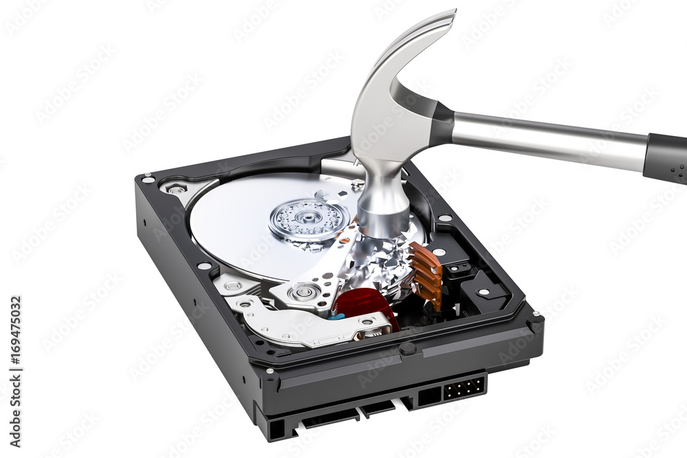 Poster hard disk drive hdd with hammer, destroying hard disk. 3d rendering