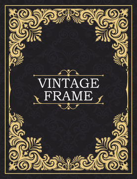 Gold decorative frame. Greeting card in grunge or retro style. Interwoven vintage ornament. Flowers and leaves. Luxurious template for monogram, background of initials, design of books, invitations