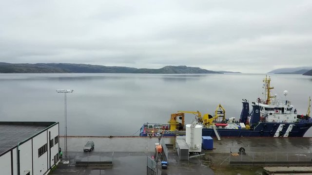 Panoramic view of the Kirkenes port and the sea - view from quadcopter