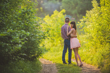 Happy couple on vacation. Lovers are laughing. Happy guy and girl.
