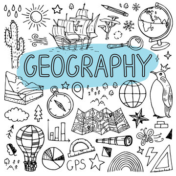 Geography hand drawn doodles. Vector back to school illustration.