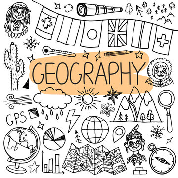 Hand drawn doodles for geography lessons. Vector back to school illustration.