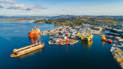 Oil rigs under maintenance near Bergen, Norway.