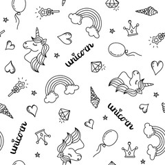 Unicorn, rainbow and hearts seamless pattern hand drawing black outline isolated on white background
