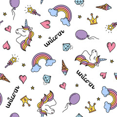 Unicorn, rainbow and hearts seamless pattern hand drawing isolated on white background
