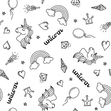 Fototapeta Unicorn, rainbow and hearts seamless pattern hand drawing black outline isolated on white background