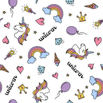 Fototapeta Unicorn, rainbow and hearts seamless pattern hand drawing isolated on white background