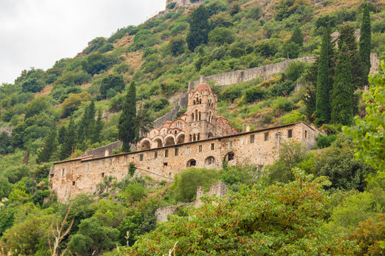 View of Pantanassa Monastery in old byzantine medieval town Mystras, Peloponesse, Greece