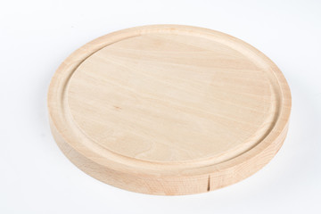 Round kitchen cutting wooden board on the white background