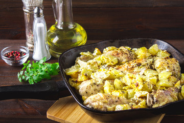 Roasted chicken leg with potatoes with caraway and garlic.