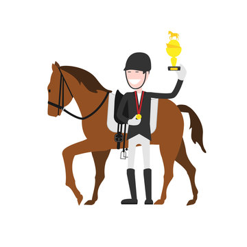 winner of equestrian sport competitions, cartoon character, flat illustration