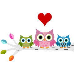 Owls family sitting on a branch with heart