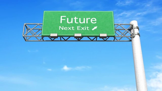 3D rendered animation. Highway Sign - next exit Future.  
