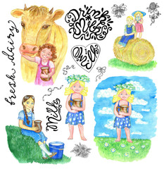 Design set with kids drinking milk and lettering on white