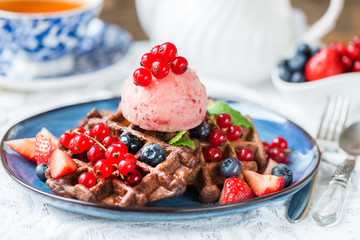 Chocolate Belgium Waffles with Berries and Nice Cream