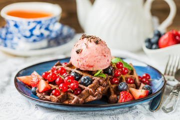 Chocolate Belgium Waffles with Berries and Nice Cream