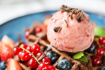 Chocolate Belgium Waffles with Berries and Nice Cream