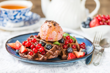 Chocolate Belgium Waffles with Berries and Nice Cream