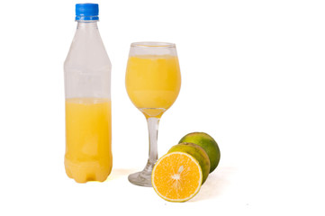 Orange juice in a bottle and a clear glass.