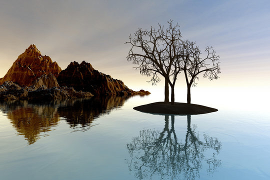 Black trees, an autumn landscape, rocks and calm waters, light on the horizon and a foggy background.