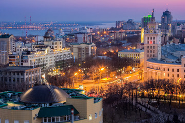 Evening Voronezh skyline. Modern and historical buildings 