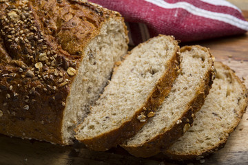 Closeup of sliced wholegrain rustic bread