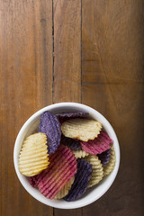 Directly Above Shot Of Potato Chips In Bowl On Table with copy area