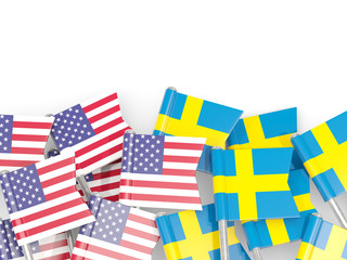 Fototapeta na wymiar Flag pins of USA and Sweden isolated on white. 3D illustration