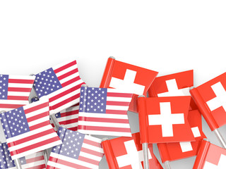 Fototapeta na wymiar Flag pins of USA and Switzerland isolated on white. 3D illustration