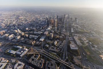 Aerial view of towers and freeways in downtown Los Angeles, California.  