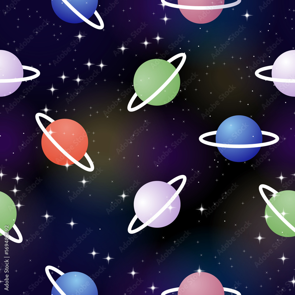 Poster abstract vector seamless pattern with red, blue, pink and green planets with stars, sparkles and fla