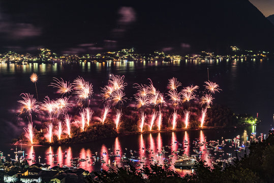Fireworks during San Giovanni Festival on the Isola Comacina, Sala Comacina, Como province, Lombardia, Italy, Europe