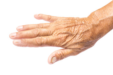 Wrinkled on old woman hand skin with clipping path, healthy and beauty concept