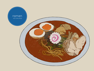 Japanese cuisine soup ramen sketch vector.