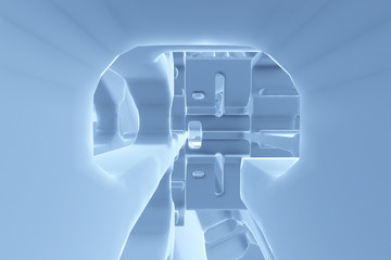Abstract Futuristic tunnel like spaceship corridor blue metal in white space. 3d illustration