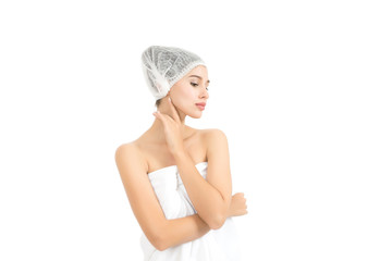 Beautiful spa woman showing perfect skin with copy space isolated on white.