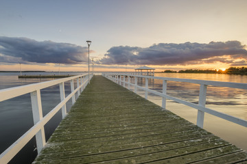 Sunset on the lake, wooden, white pier