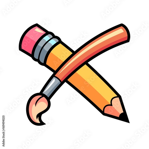"Pencil and Paintbrush Cartoon Vector Illustration" Stock image and