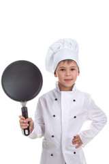 Smiling chef boy holding frying pan on white background