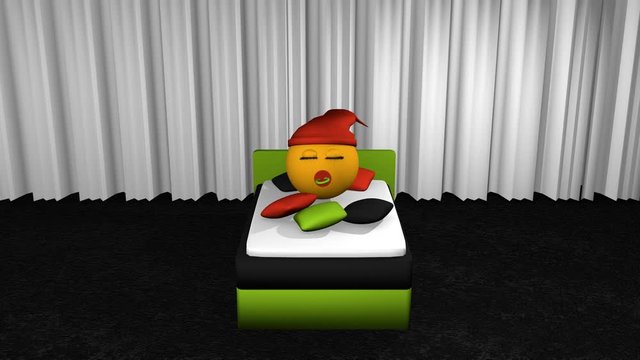 Emoticon mit Schlafmütze und Schnuller springt auf ein Bett