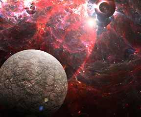 3D illustration artwork of space with planets and  nebulas