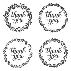 Set of four botanical frames with Thank you text. Isolated frames on white. Vector.