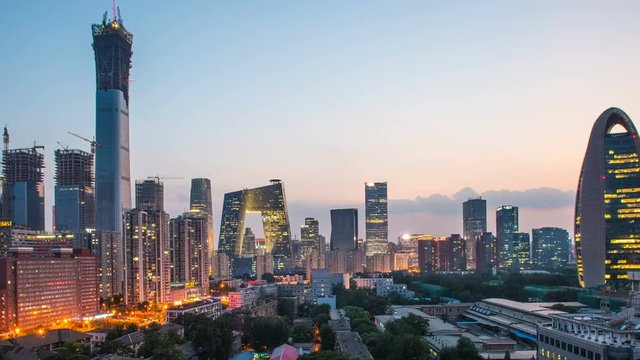 Timelapse of Beijing downtown skyline from day to night.
