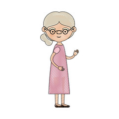 color crayon silhouette of full body elderly woman in dress with side bun hairstyle and glasses