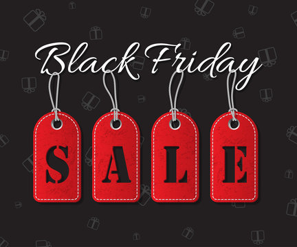 Black friday sale text with red tags on dark holiday background. Black friday sale vector illustration. 