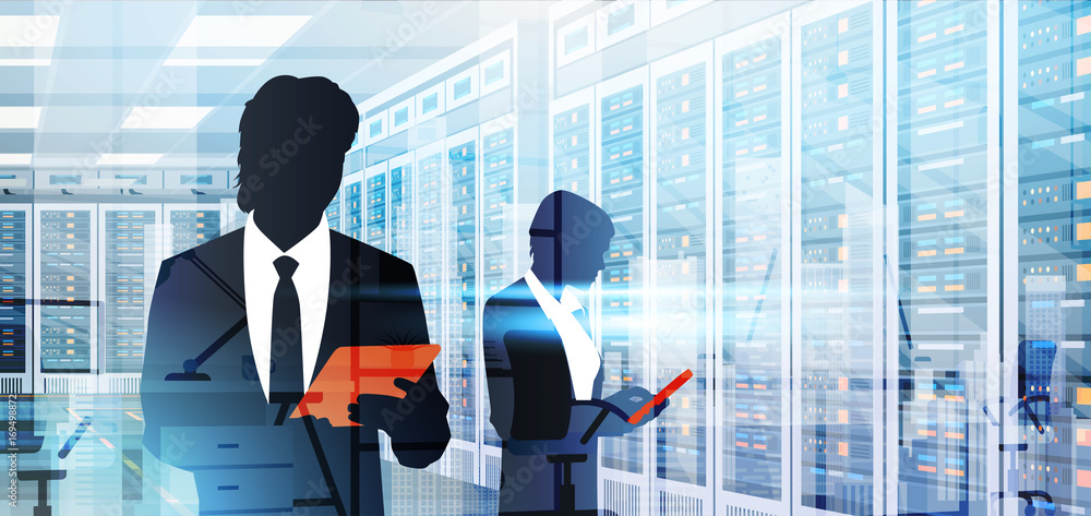 Poster silhouette people working in data center room hosting server computer information database flat vect