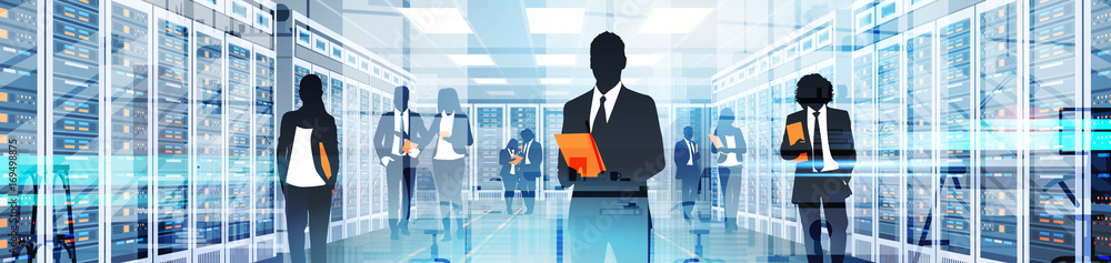 Poster silhouette people working in data center room hosting server computer information database flat vect