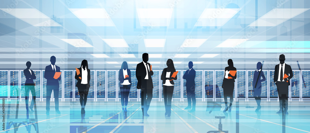Poster silhouette people working in data center room hosting server computer information database flat vect