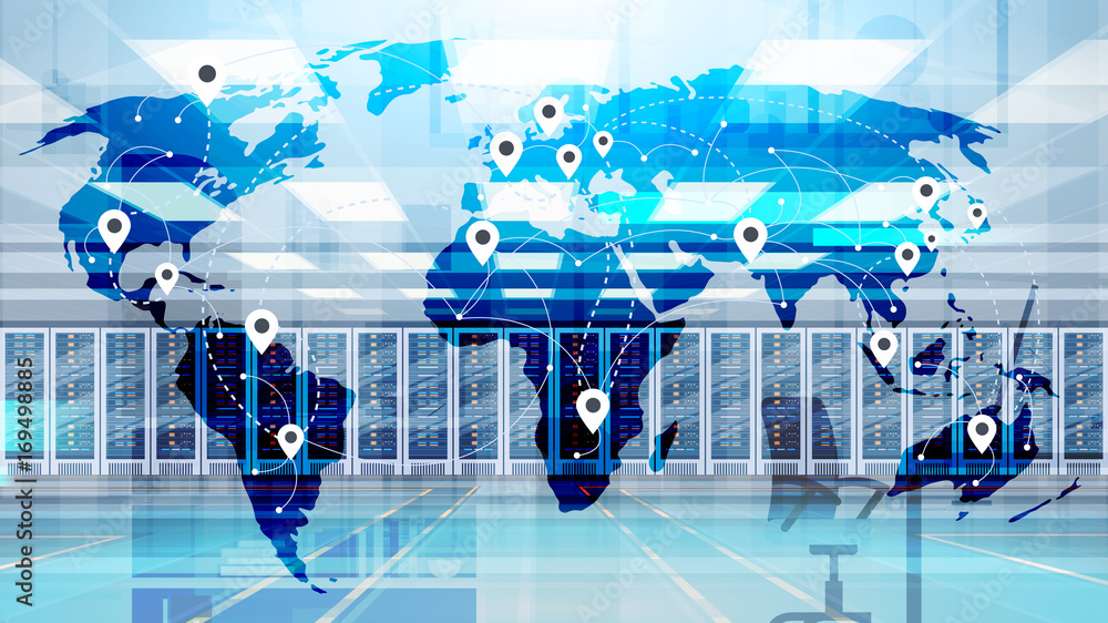 Poster world map over data center room hosting server computer information database flat vector illustratio