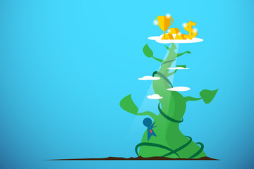 businessman climbing giant beanstalk to get rewards, business concept